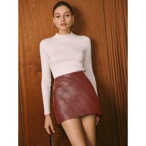 Commense Burgundy‎ Mid-Waist Mini Skirt Textured Faux Leather Party  Night Out
